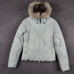 Salomon Down Ski Jacket Womens Small Light Blue Faux Fur Trim Hood Puffer 880738